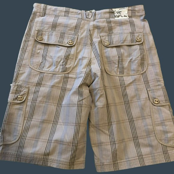 Mens Sz 34 Lightweight Cargo Shorts 12" Tan Plaid Adjustable Drawstring Waist HR - Picture 2 of 9